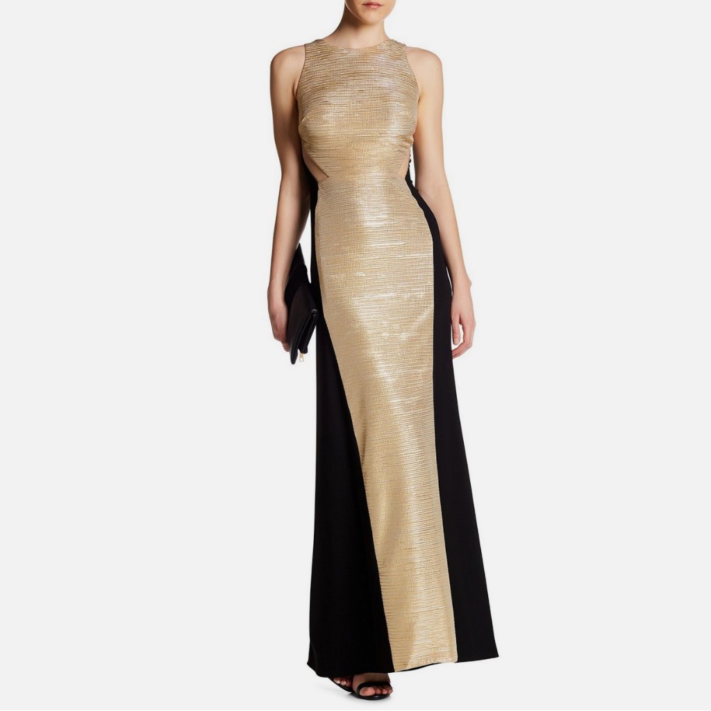 Nicole Bakti Black Gold Panel Gown